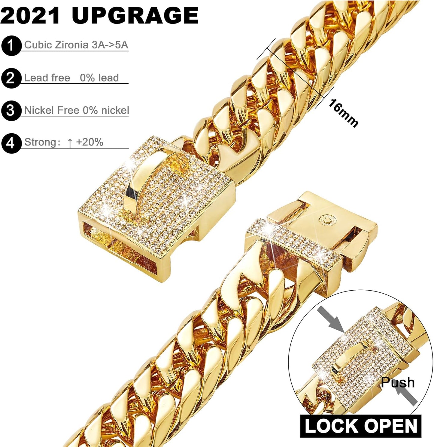 Dog Chain Collar Walking Metal Chain Collar with Design Secure Buckle, Gold Cuban Link Strong Heavy Duty Chew Proof for Small Dogs(16Mm, 12")