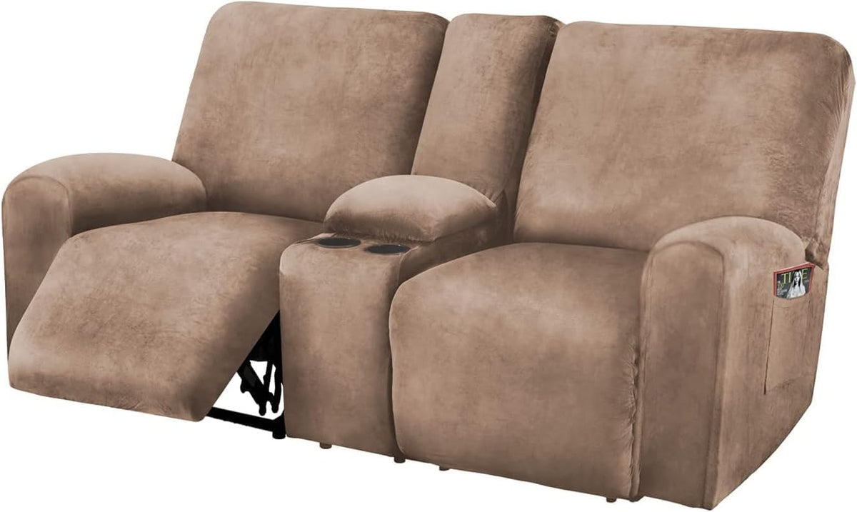 ULTICOR Reclining Love Seat with Middle Console Slipcover, 8-Piece Velvet Stretch Loveseat Reclining Sofa Covers, 2 Seat Love Seat Recliner Cover, Thick, Soft, Washable, Love Seat Slipcovers (Sand)
