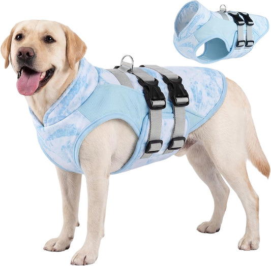 DORA BRIDAL Dog Cooling Vest for Summer, Lightweight Breathable Mesh Cooling Jacket with Harness, Soft Pet Cooler Shirt for Large Dogs, UV Protection for Beach Hiking Walking -2XL, Blue
