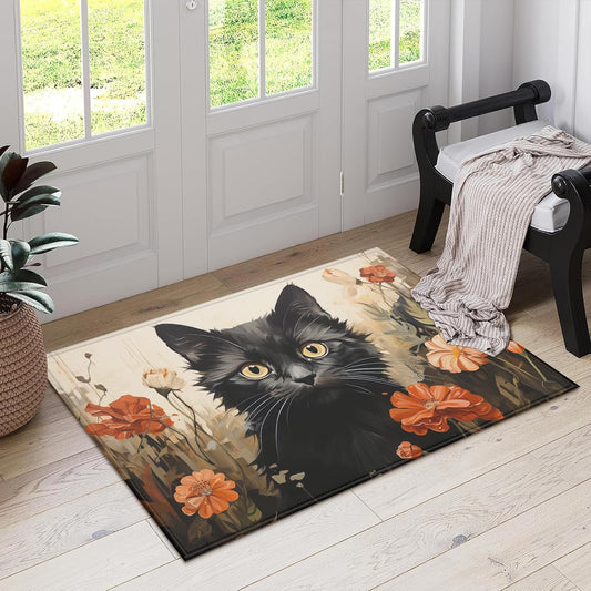 Black Cat Indoor Door Mat, Flower Outdoor Entrance Doormat for Entryway Kitchen Bathroom 17 X 29 Inch