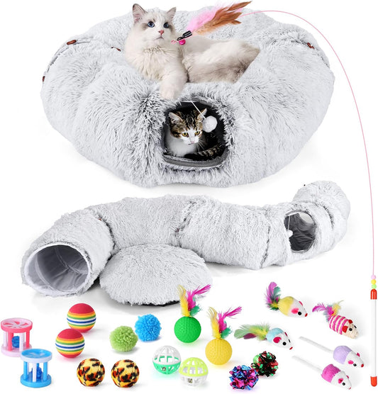 Cat Tunnel Bed with 20 Pcs Interactive Toys, 3-In-1 DIY Collapsible Plush Cat Tube with Washable Mat, Large Indoor Play Tunnel Cave for Kittens and Small Animals
