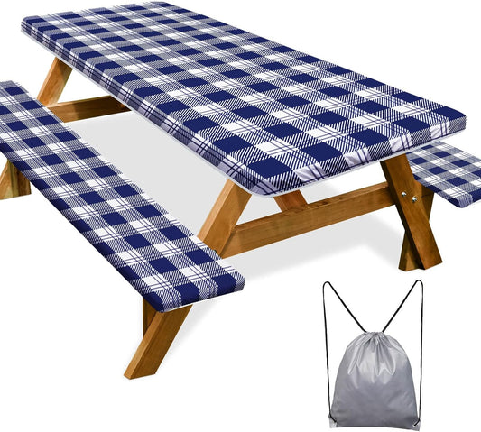 Picnic Table Cover with Bench Covers Camping Essentials Waterproof Windproof Camping Tablecloth with Drawstring Bag, Fitted Rectangle Tables and Seats, 72In, Blue Checkered