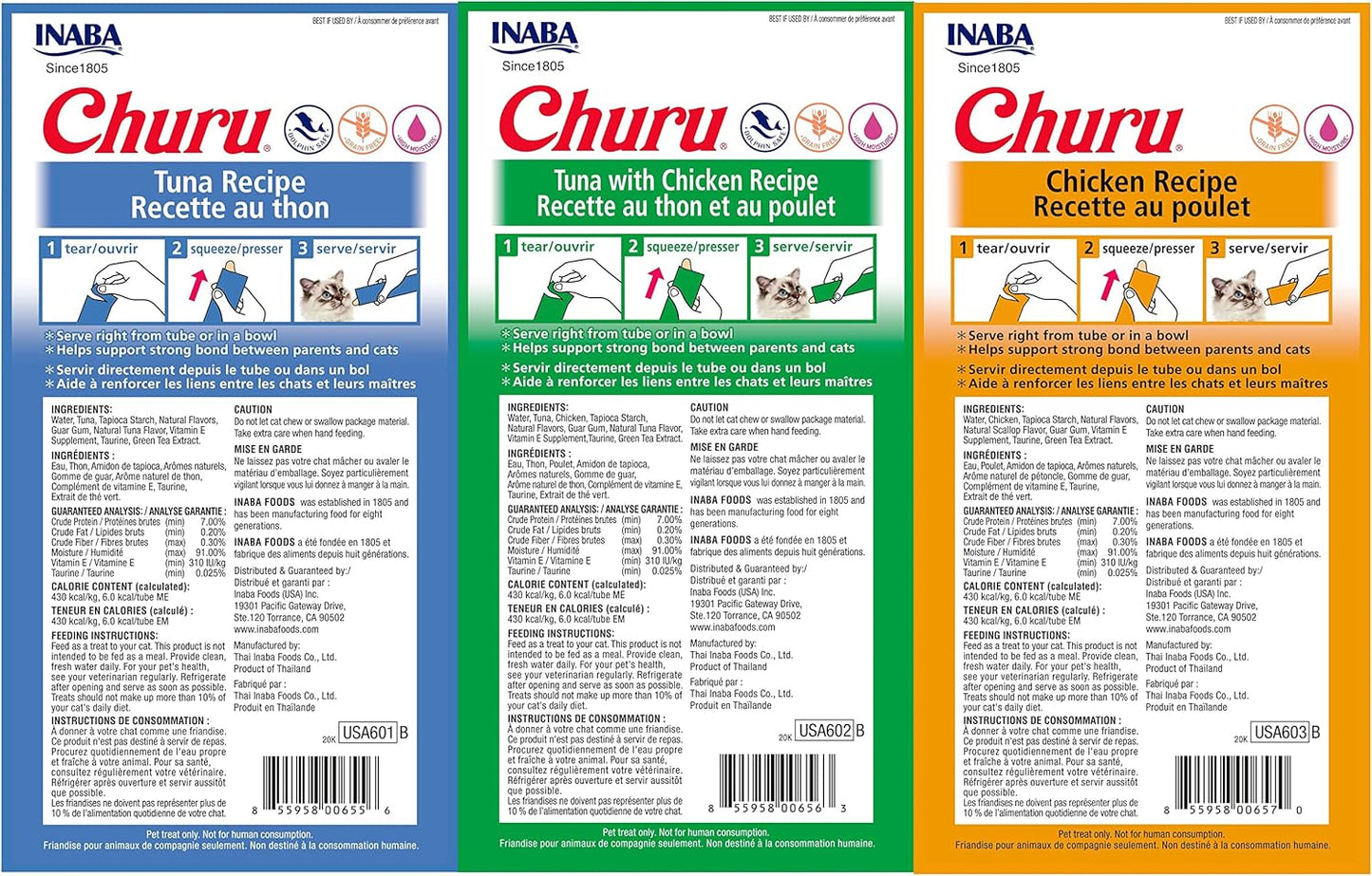 INABA Churu Lickable Purée Natural Cat Treats Tuna & Chicken 3 Flavor Assortment of 12 Tubes
