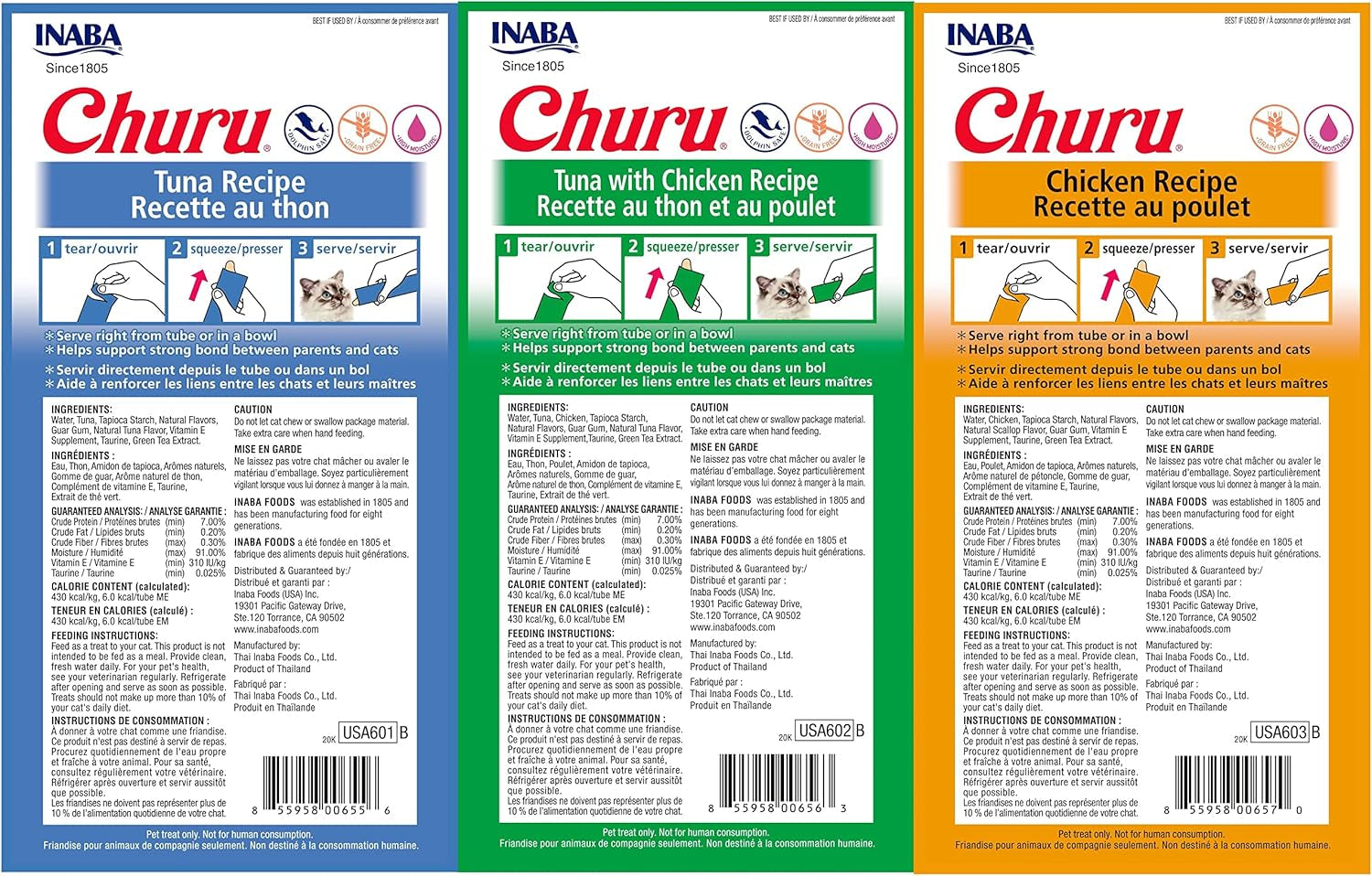 INABA Churu Lickable Purée Natural Cat Treats Tuna & Chicken 3 Flavor Assortment of 12 Tubes
