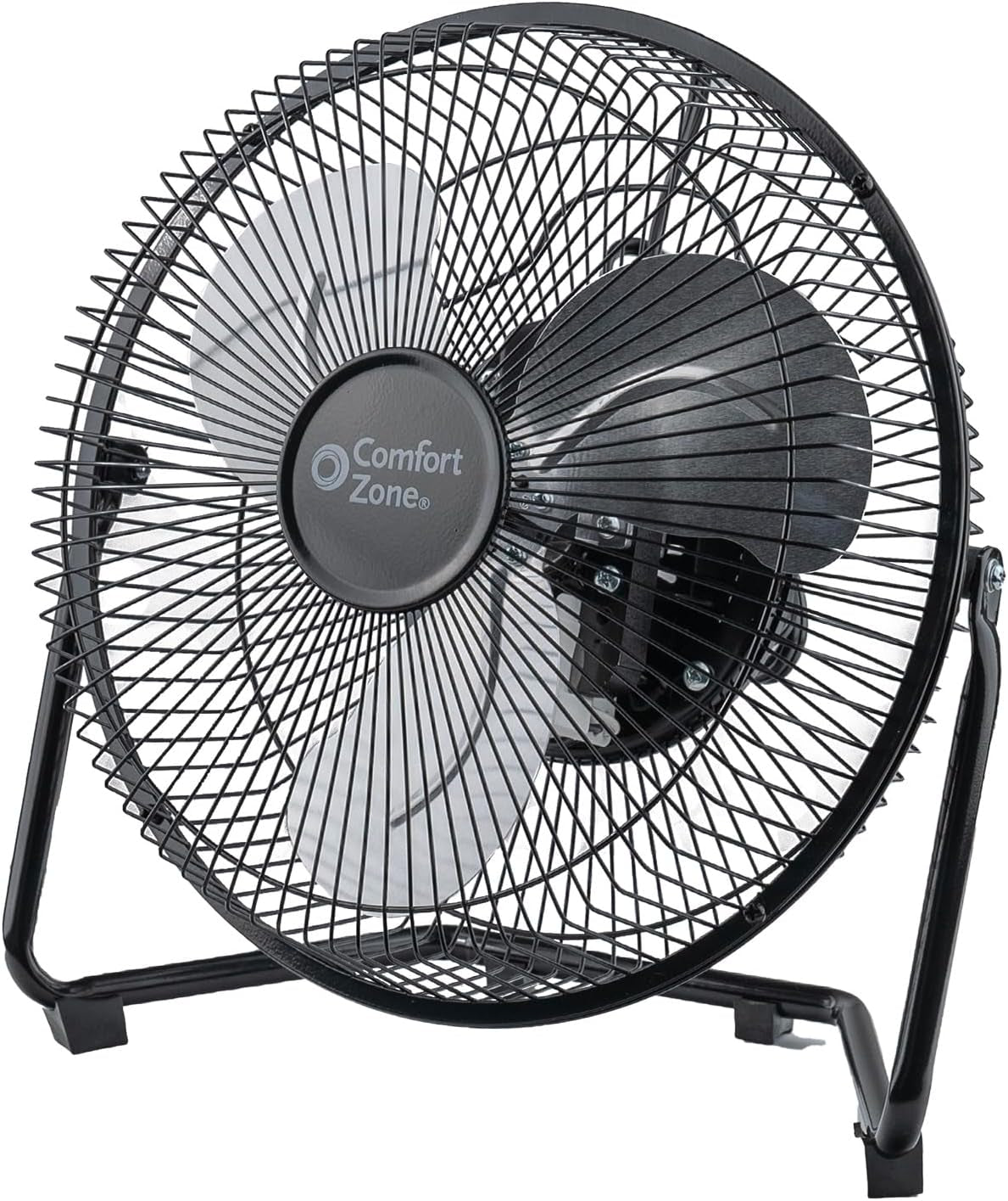 COMFORT ZONE 9 Inch Cradle Fan, 3 Speed Floor or Table Fan With180 Degree Tilt, Metal Construction and Aluminum Blades, Carry Handle, Rubber Feet, Ideal for Bedroom, Workshop, or Garage, Black
