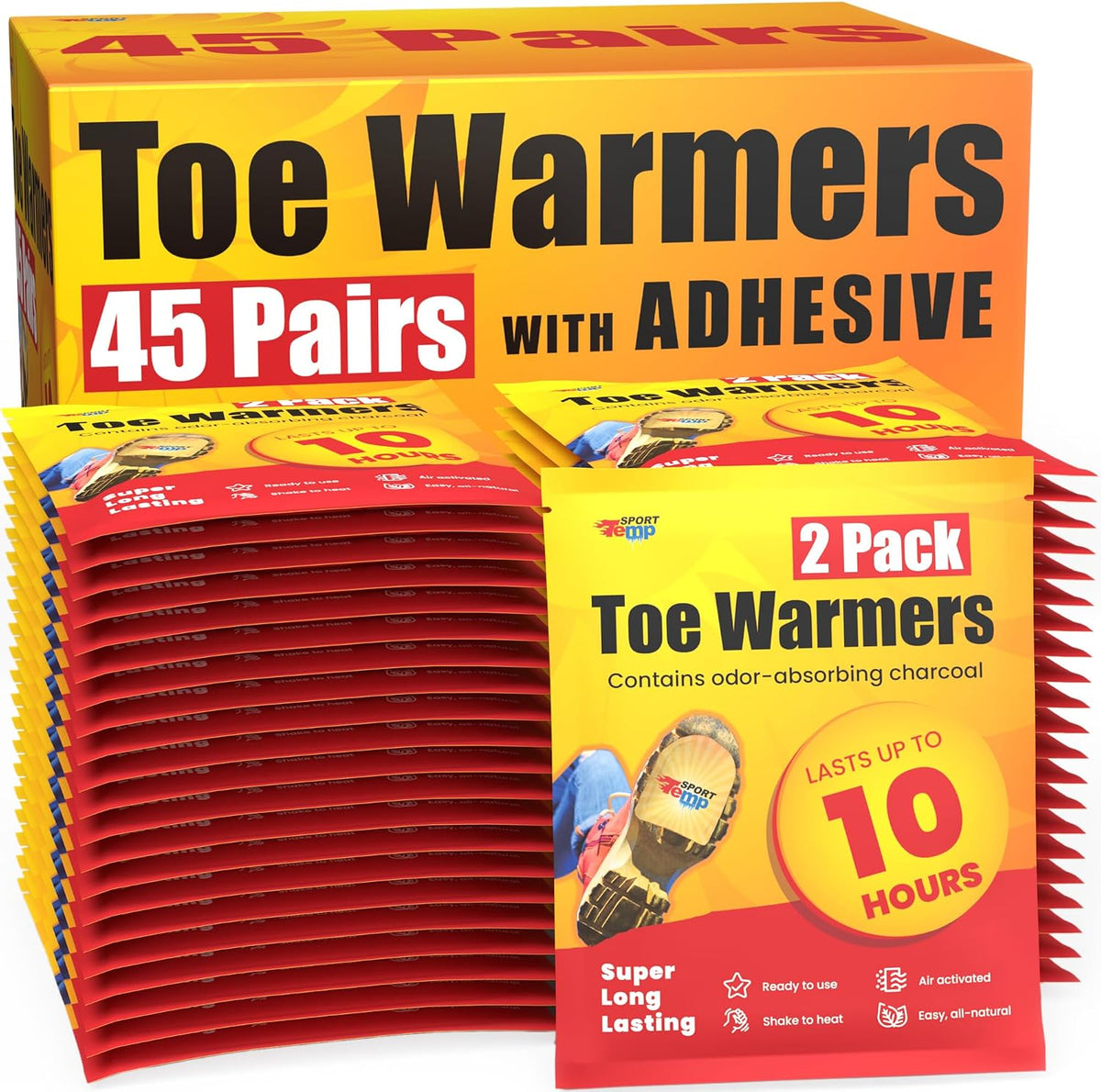 Toe Warmers - up to 10 Hours of Heat, Easily Apply with Adhesive - Ultra Thin, Easy, All Natural - Air Activated, Odorless Hot Toe Warmers - Sport Temp