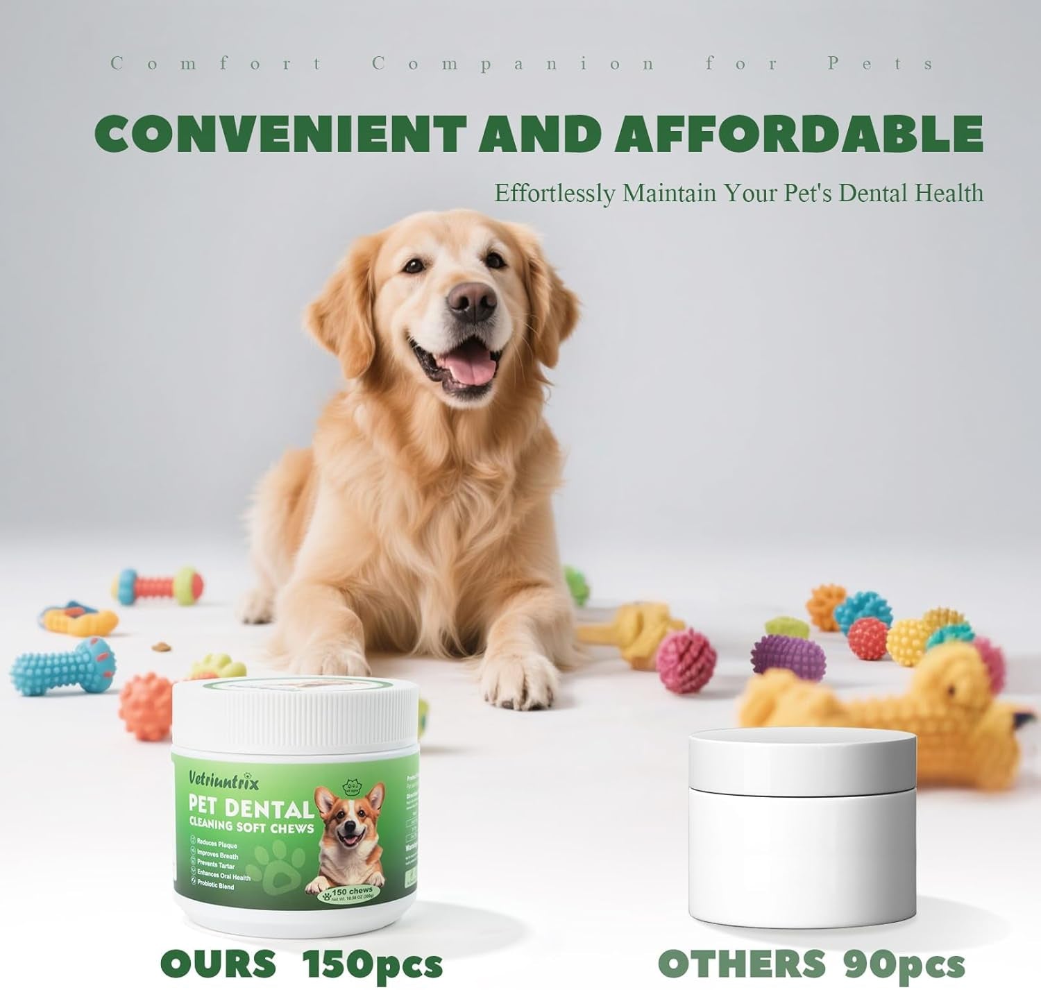 Dog Teeth Cleaning Chews, Dog Dental Chews for Plaque & Tartar Control with Natural Enzymes, Dental Care for Dogs with Probiotic, Fresh Breath for Small Medium Large Dogs