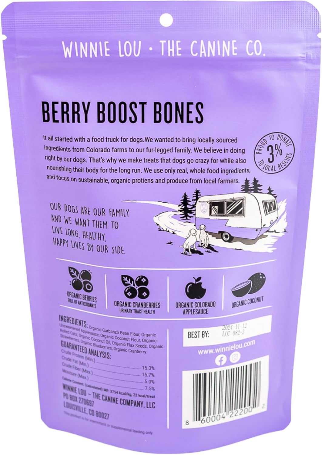 Winnie Lou Organic Dog Treats – Natural Dog Biscuits, USA Made, Organic Ingredients, Clean, Sensative Stomach, All Breed Sizes, High Protein, Hypoallergenic, Berry Boost Bones (Pack of 2)
