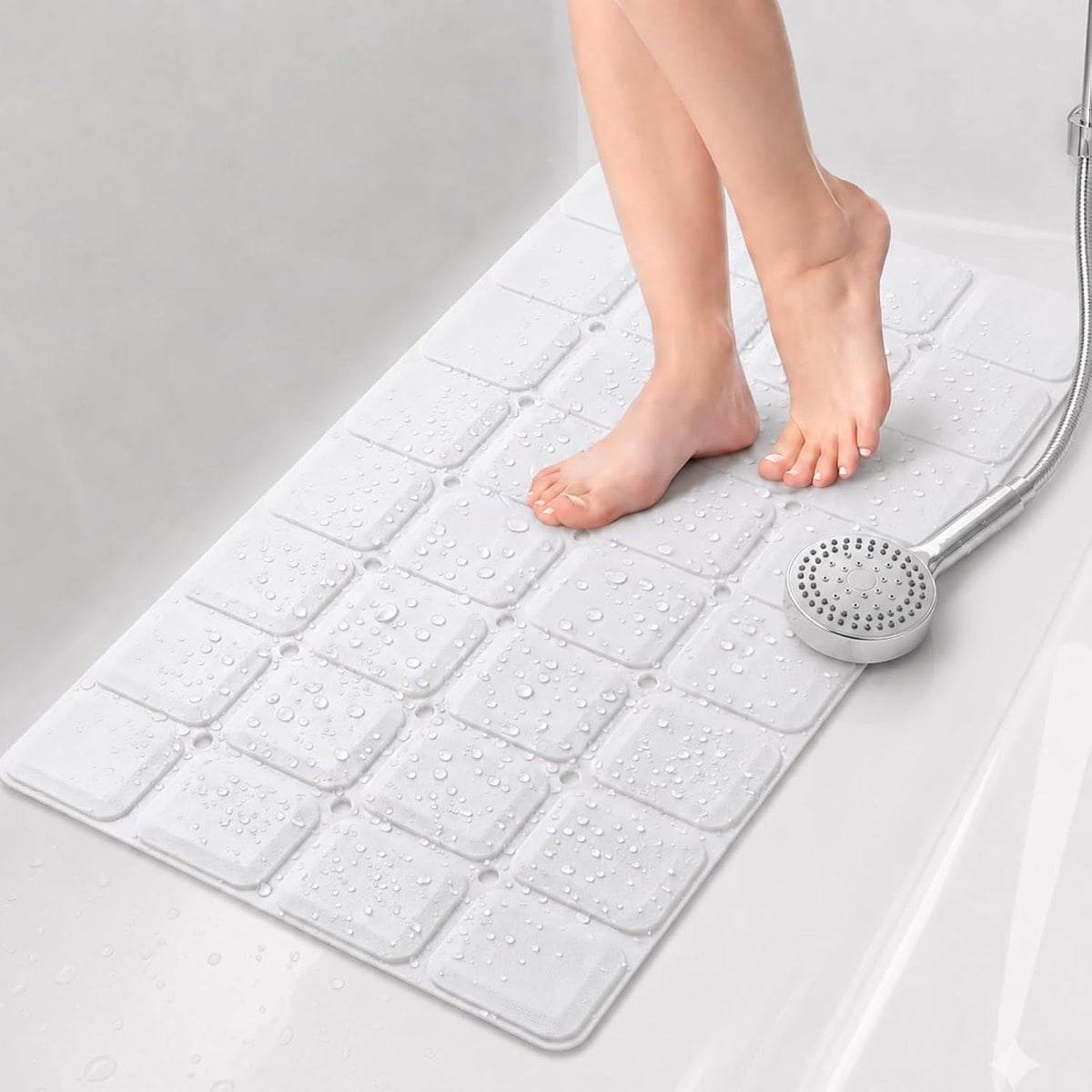 Webos Silicone Bath Mat with Suction Cups – Non-Slip Foldable Bathtub & Shower Mat, Durable & Quick-Dry Safety Tub Mat with Large Drain Holes for Families 28"X 14" White