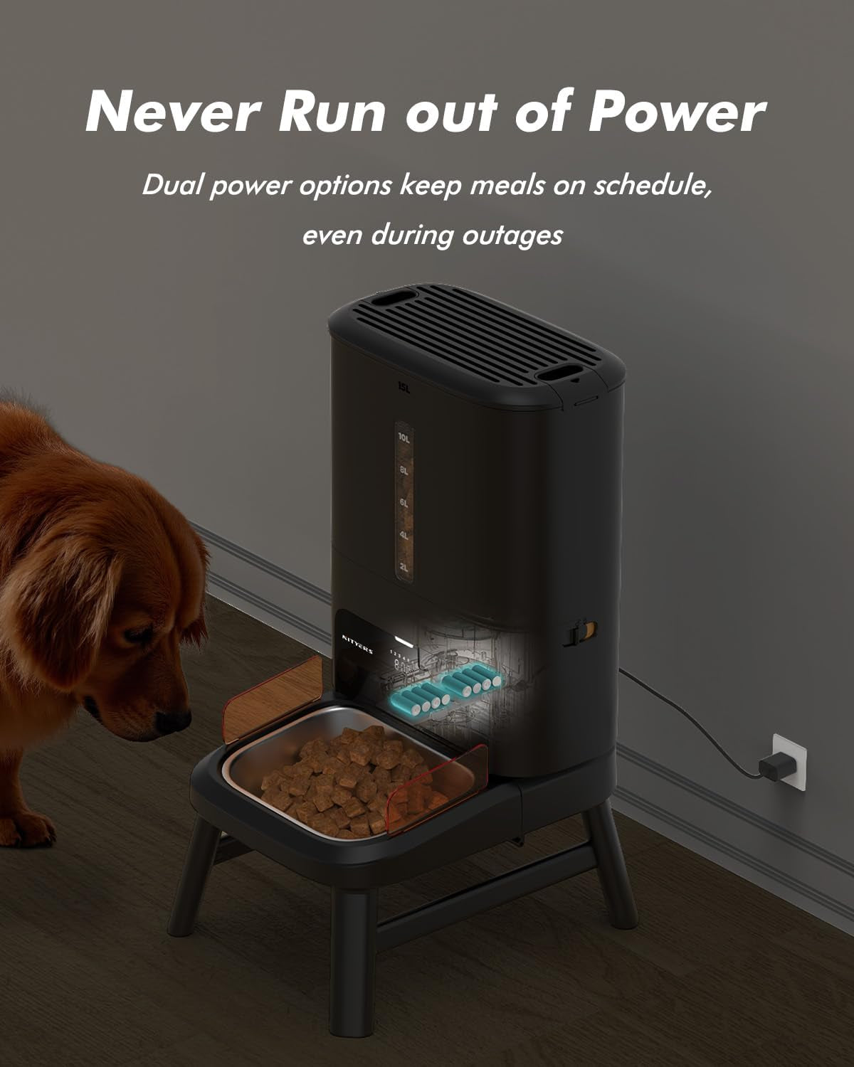 Automatic Dog Feeder for Large Breed - 15L/ 63 Cups Anti-Clog Dog Food Dispenser for 2-23Mm Kibble, Elevated Stand, Large Food Tray, Dual Power, up to 50 Portions 6 Meals per Day, Keeps Fresh