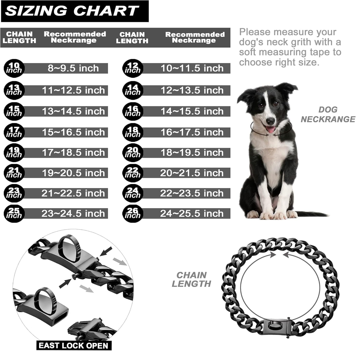 Dog Chain Collar Walking Training Collar with Design Secure Buckle 19MM Black Cuban Link Strong Heavy Duty Chew Proof Chain(19Mm, 20")