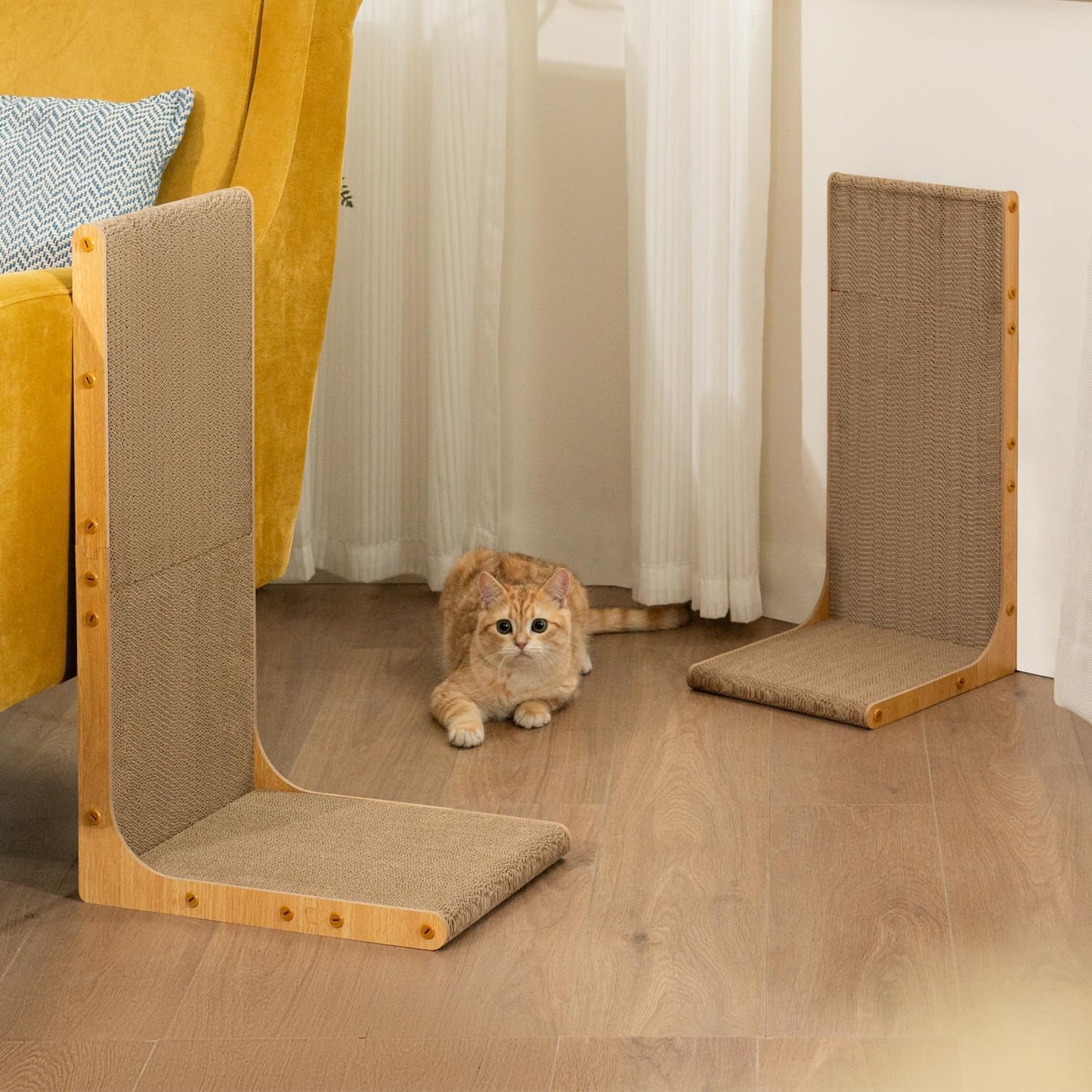 Conlun Cardboard Cat Scratcher, 23" L-Shaped Scratch Pad, Vertical Wall-Leaning Scratching Board to Protect Furniture for Indoor Cats,Wood Grain Large