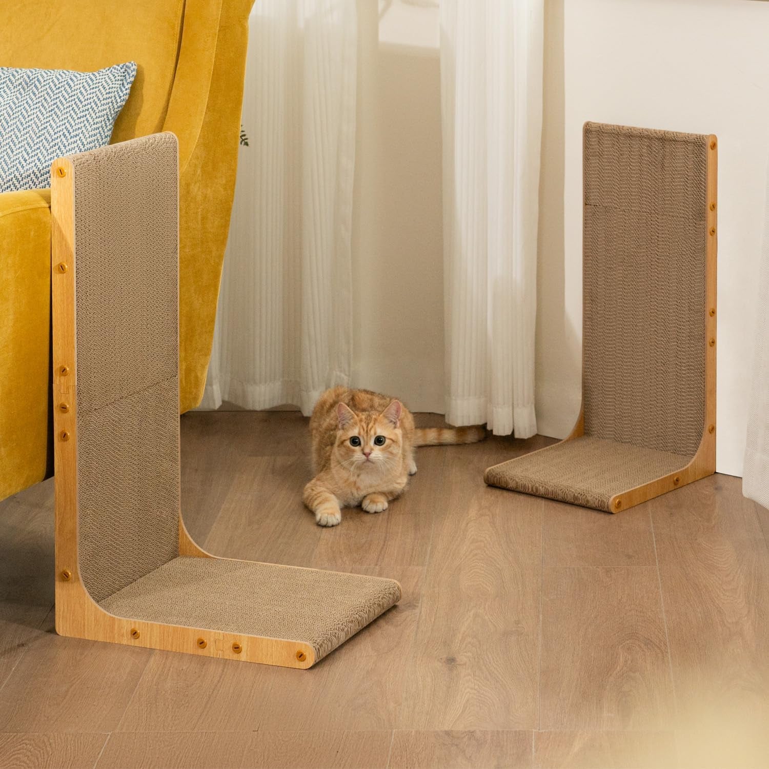 Conlun Cardboard Cat Scratcher, 23" L-Shaped Scratch Pad, Vertical Wall-Leaning Scratching Board to Protect Furniture for Indoor Cats,Wood Grain Large
