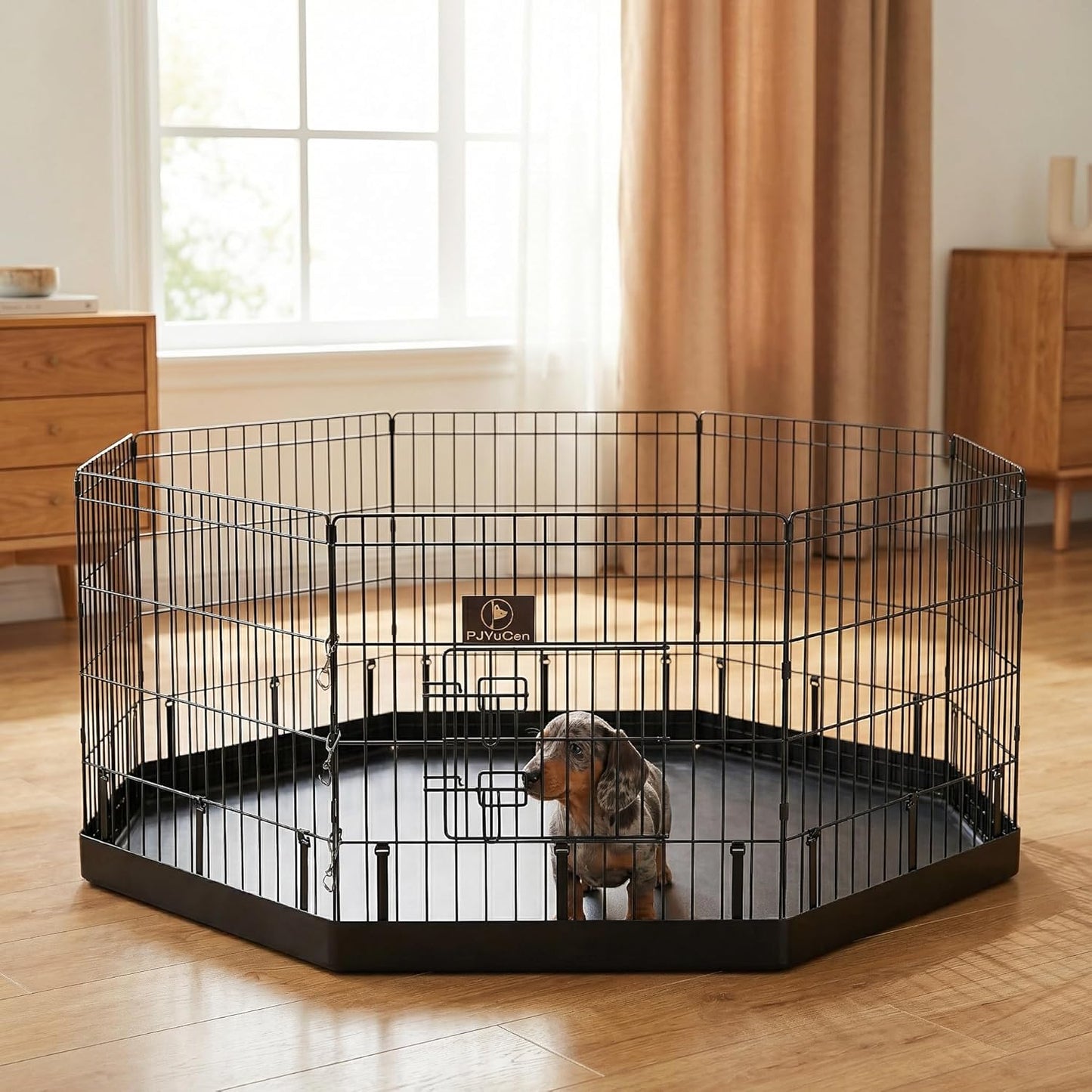 Pjyucien Dog Playpen with Bottom Pad - Metal Foldable Exercise Pen, 8 Panels 24" H X 24" W Indoor Outdoor Pet Fence Puppy Crate Kennel, Black