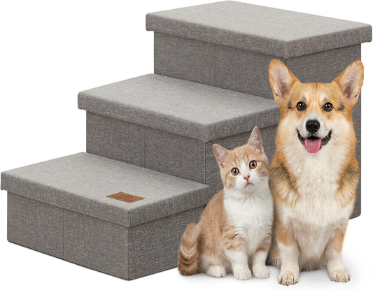 Zerbuger Dog Stairs with Storage, Grey 3 Steps Dog Ramp No Condo for Bed