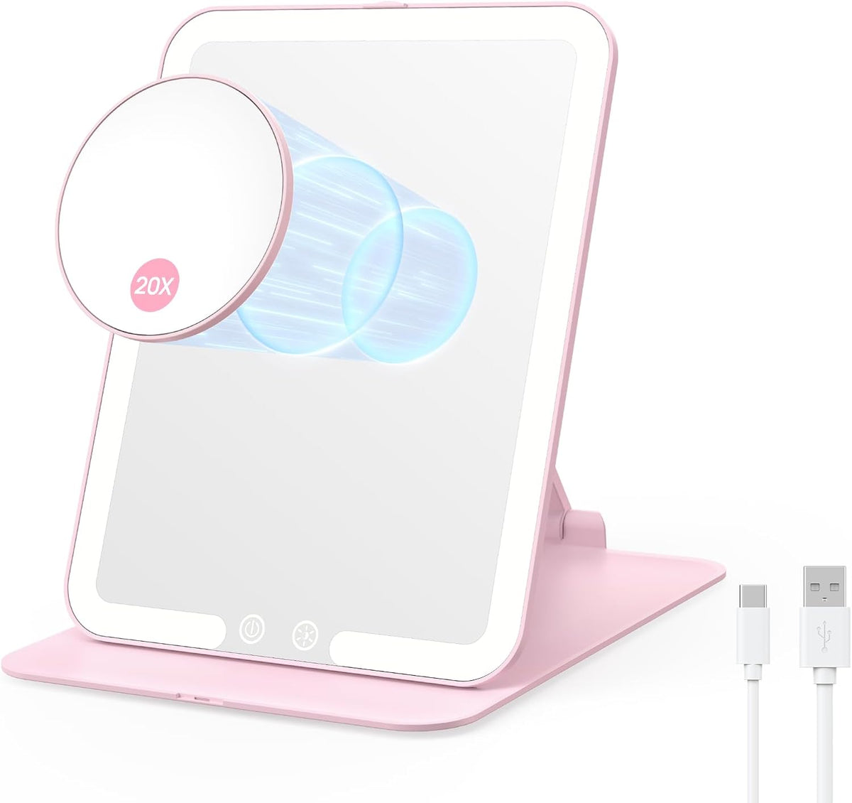 Benbilry Foldable Travel Makeup Mirror with Lights, 20X Magnification, Pink