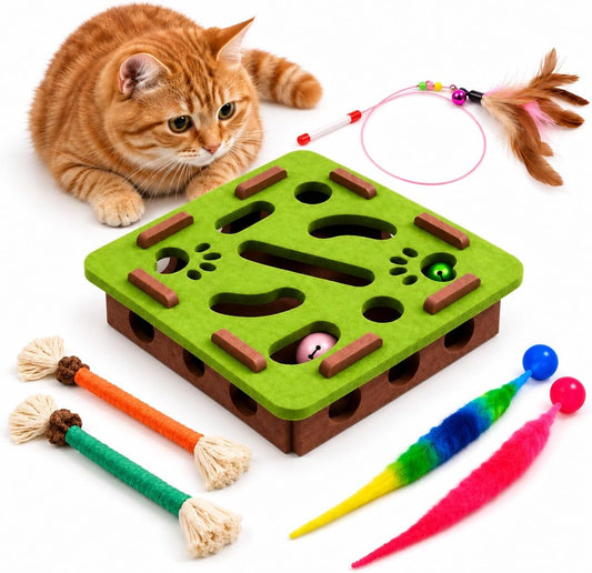 Cat Toy Set with Felt Play Box, Feather Wand and Worm Balls