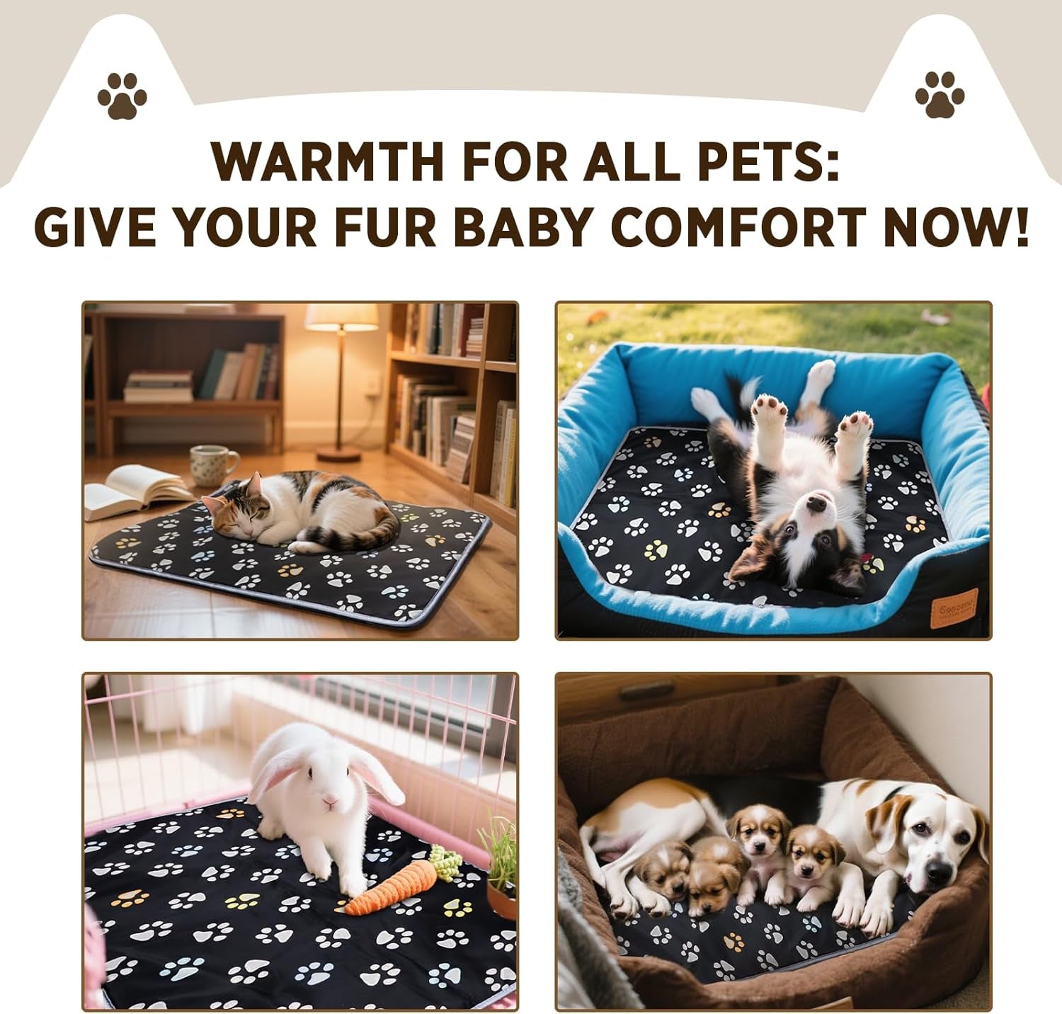 Furrybaby Pet Heating Pad, Waterproof Dog Heating Pad Mat for Cat with Durable Anti-Bite Tube Indoor for Puppies Dogs Cats (1 Pack Black, 17 X 17In, Temp Adjustable)