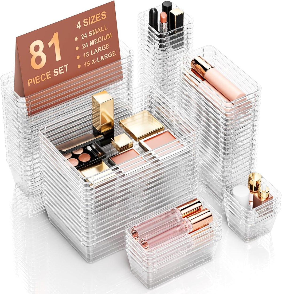 81 PCS Clear Plastic Drawer Organizer Set 4 Sizes Desk Divider Storage Bin