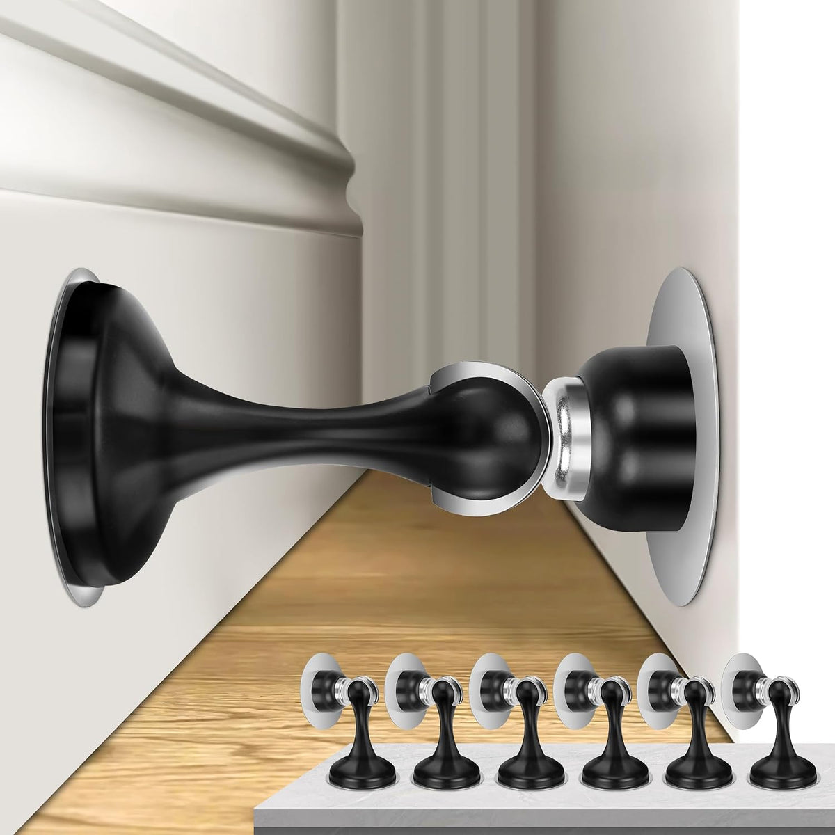 Magnetic Door Stoppers 6 Pack, Stainless Steel Door Stops for Wall and Floor Mounting, Door Holder Keep Door Open, No Drilling Door Stop with 3D Adhesive Tapes, Black
