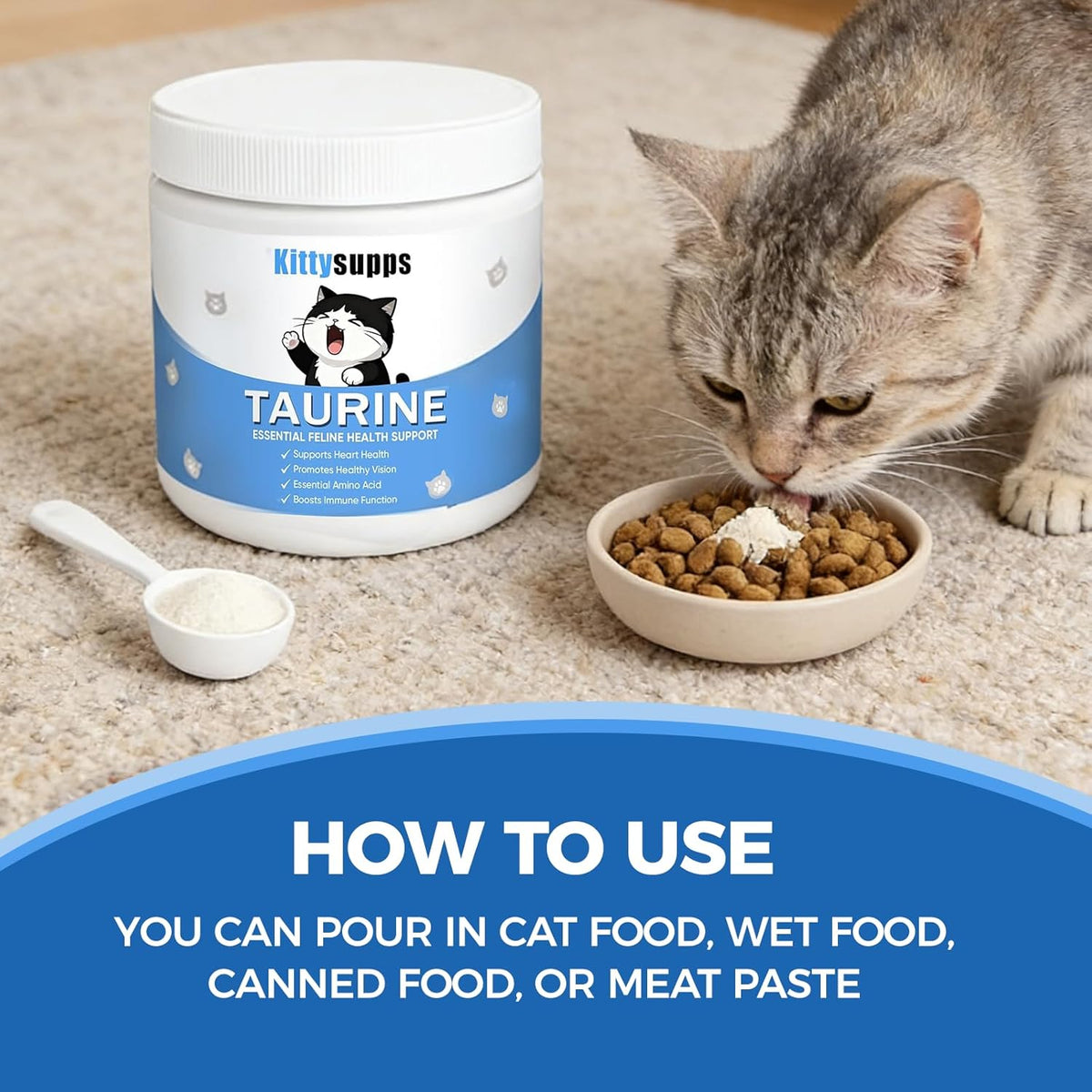 Kittysupps Taurine Powder for Cats, Kitty Supps Taurine Supplement, Grade Amino Acid Supplement for Heart, Vision & Daily Wellness, 200 Grams (1Pcs)