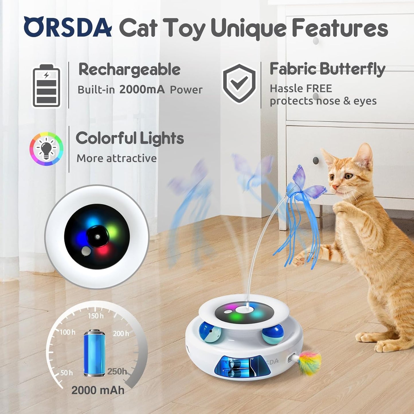 ORSDA Cat Toy, 3-In-1 Automatic Interactive Electronic Moving Ambush Feather, Fluttering Butterfly, Track Balls, USB Rechargeable Powered Smart Indoor Exercise Kicker