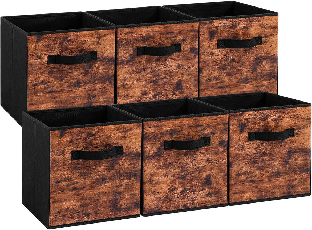 Stero Fabric Storage Cubes, 6 Pack Foldable Storage Bins with Handle, 11 Inch Box for Shelves, Closet, Organizer, Rustic Brown and Black