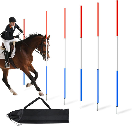 6 Pcs 6 Ft Pole Bending Poles for Horses with Ground Nails and Storage Bag, Adjustable Agility Training Poles, Horse Equipment for Equestrian, Basketball and Canine Training (Red-White-Blue)