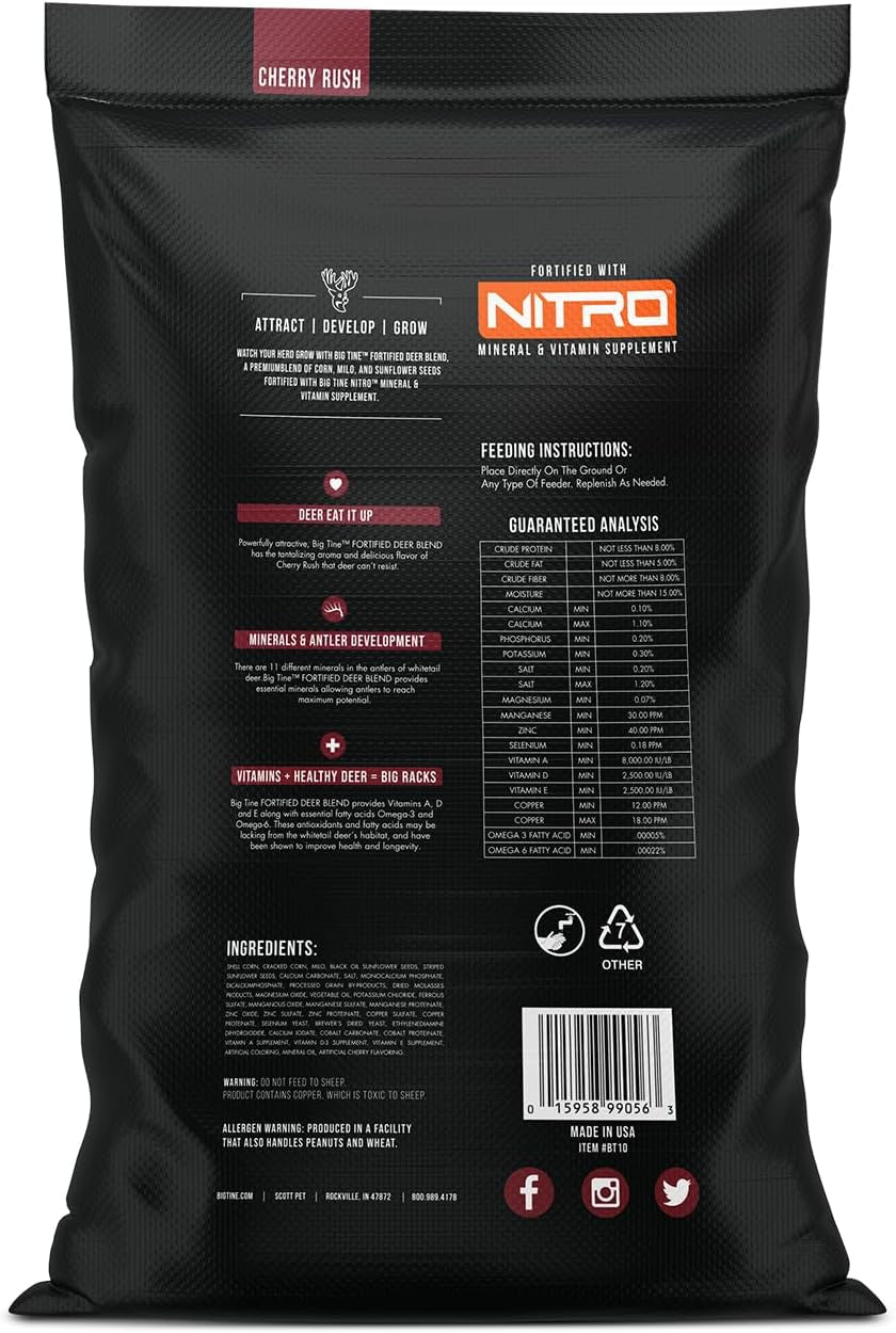 Big Tine Fortified Deer Blend, 10 Lbs, Cherry Rush Flavor, Whole Grain Feed, Nitro Mineral Formula, Nutritious, Packed with Vitamins and Minerals, Supports Antler Growth, Gravity or Ground Feeding