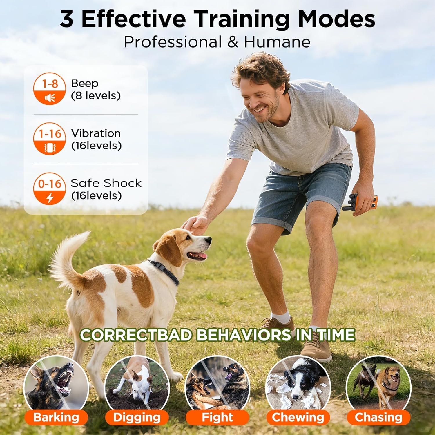 Dog Shock Collar 2 Dogs, 3300Ft Dog Training Collar with Remote, Real-Time Dual-Channel Remote with 3 Training Modes, Beep, Vibration, Safety Shock, Light, Fits 8-120 Lbs All Breeds Sizes - Orange