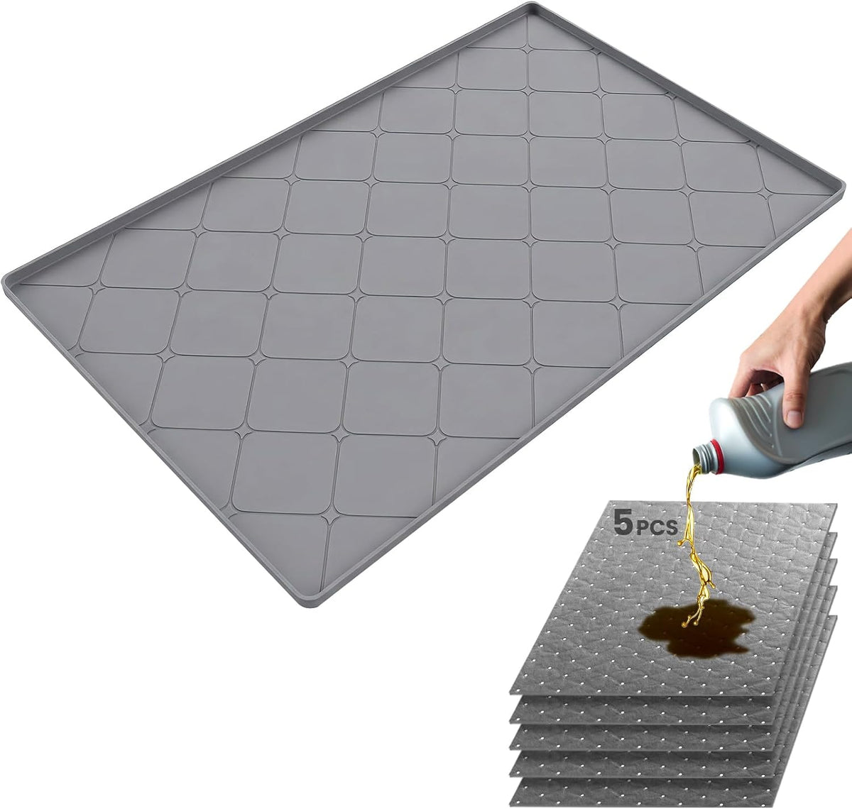 Oil Drip Pan for under Car 34" X 22", Silicone Oil Spill Mat with 5 Absorbent Pads, Garage Drip Tray with 0.7" Raised Edge, Waterproof Non-Slip Floor Protector, Gray