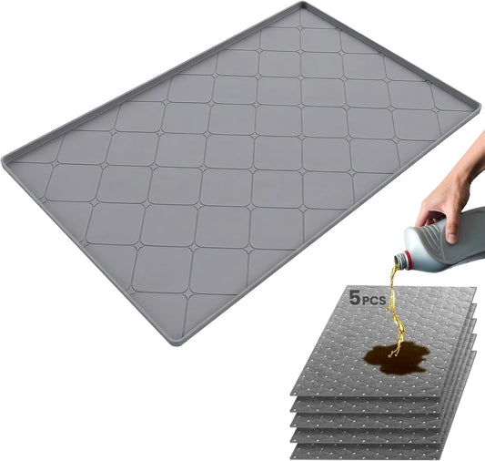 Oil Drip Pan for under Car 34" X 22", Silicone Oil Spill Mat with 5 Absorbent Pads, Garage Drip Tray with 0.7" Raised Edge, Waterproof Non-Slip Floor Protector, Gray