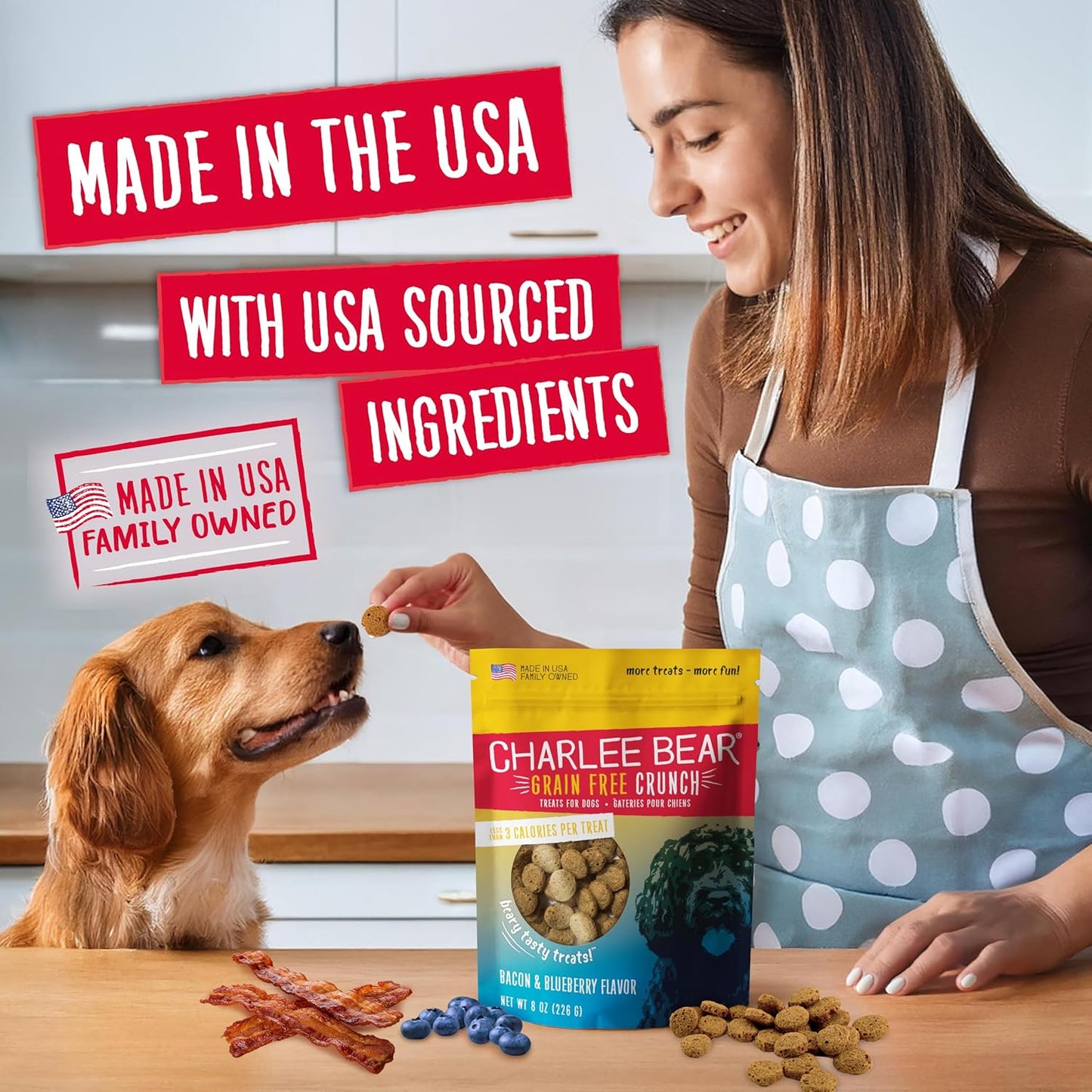 Charlee Bear Crunch Grain Free Dog Treats, Bacon and Blueberry, 8 Ounce Resealable Bag, Low Calorie Training Treats for Dogs, Limited Ingredient, Healthy, Crunchy Dog Snacks, Made in USA