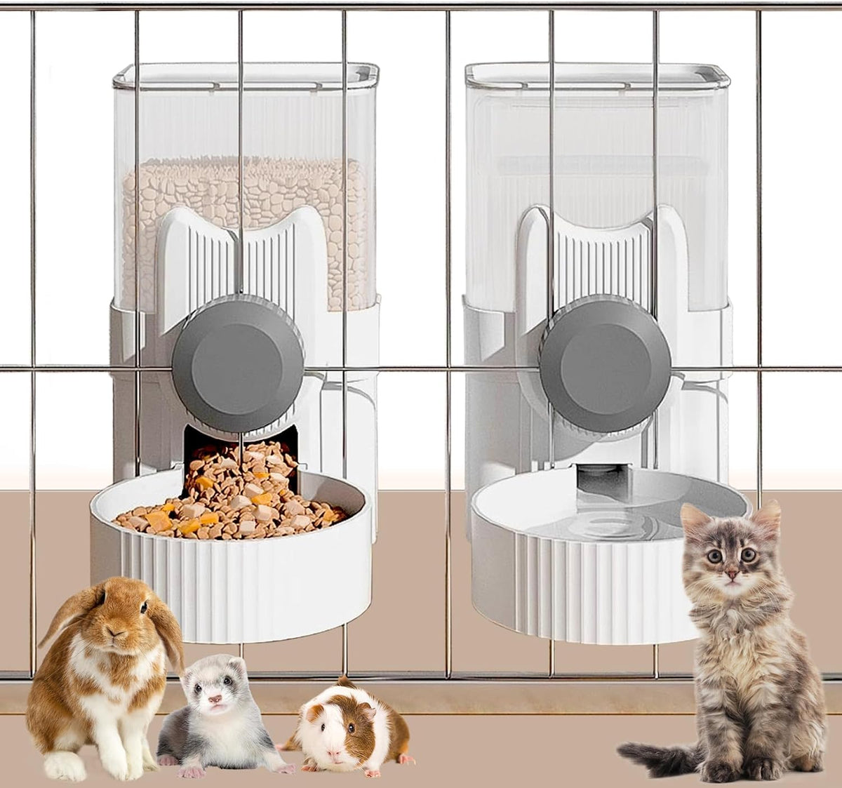 Kathson Rabbit Feeder,Bunny Water Bottle Dispenser,Pet Cage Food Bowl,Grey