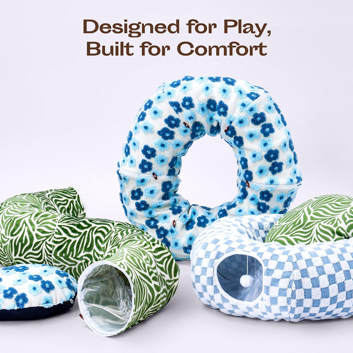Meowfia Indoor Cat Tunnel with Donut Bed - Large Flexible Play Space for Multiple Pets - Circle or Snake Shape, Cozy Lounge (Azure Check)