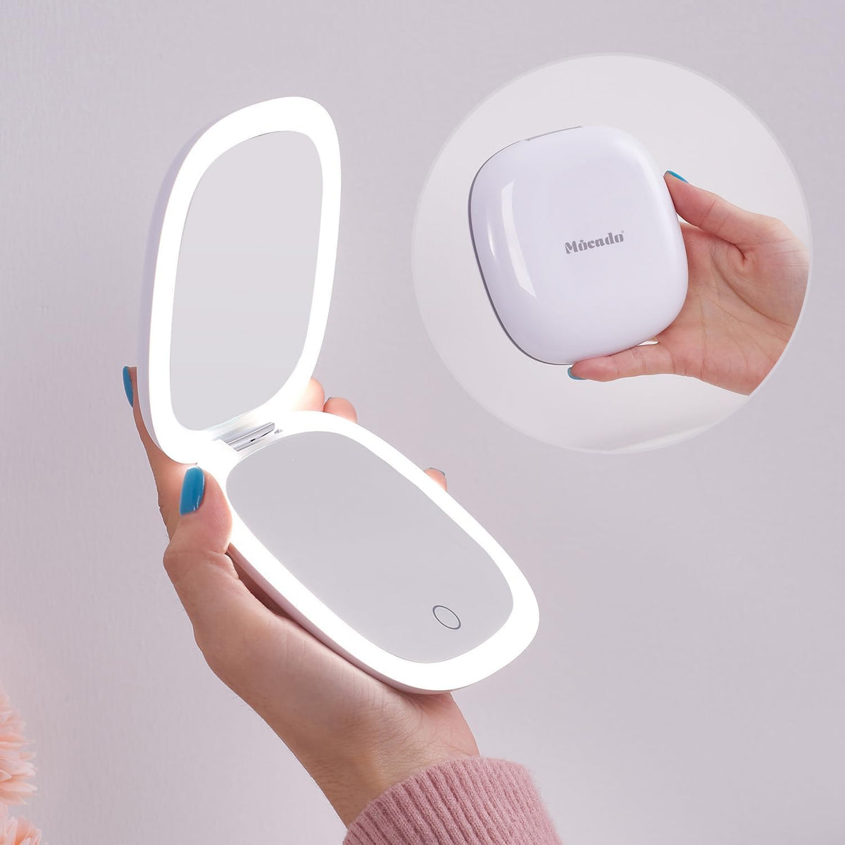 Mocado Compact LED Magnifying Travel Makeup-Mirror - 4 Inches 1X/10X Magnification Small Hand Pocket Dimmable Double Sided USB Rechargeable Touch Screen, Portable Tabletop Cosmetic (White)