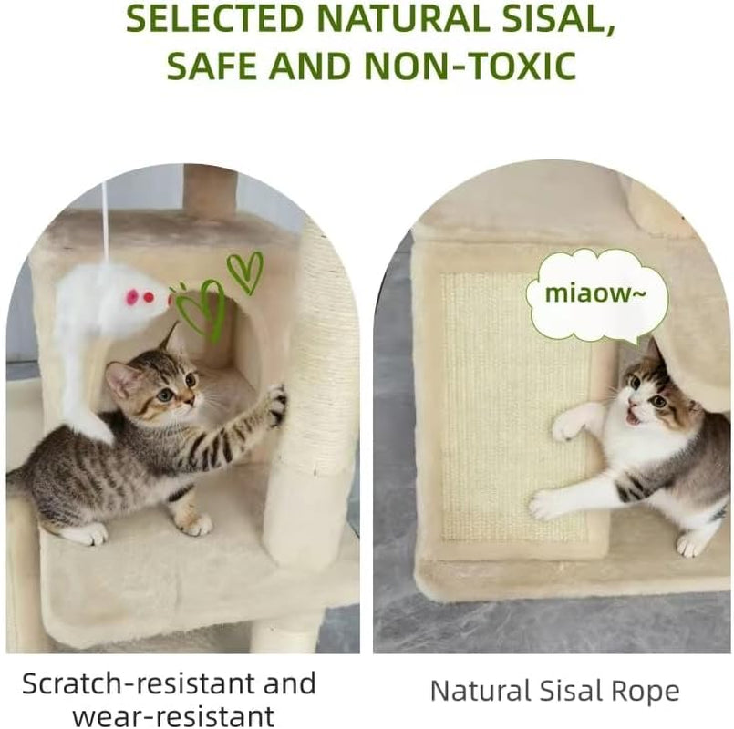 Cat Tree Tower for Indoor Cats,Cat House with Sisal Scratching Post,Multi-Level Cat Condo and 3 Large Platforms (Beige)