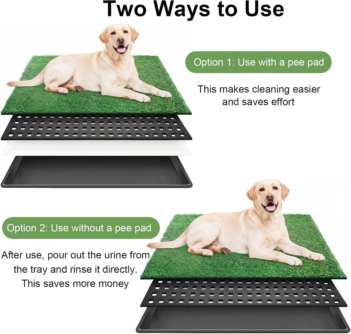 Dog Grass Pad with Tray 35"X23" Large Dog Litter Box, Artificial Grass for Dogs Potty with 3 Disposable Mats & EVA Base, Reusable Indoor Dog Potty Training for Apartment Balcony (Green, Large)
