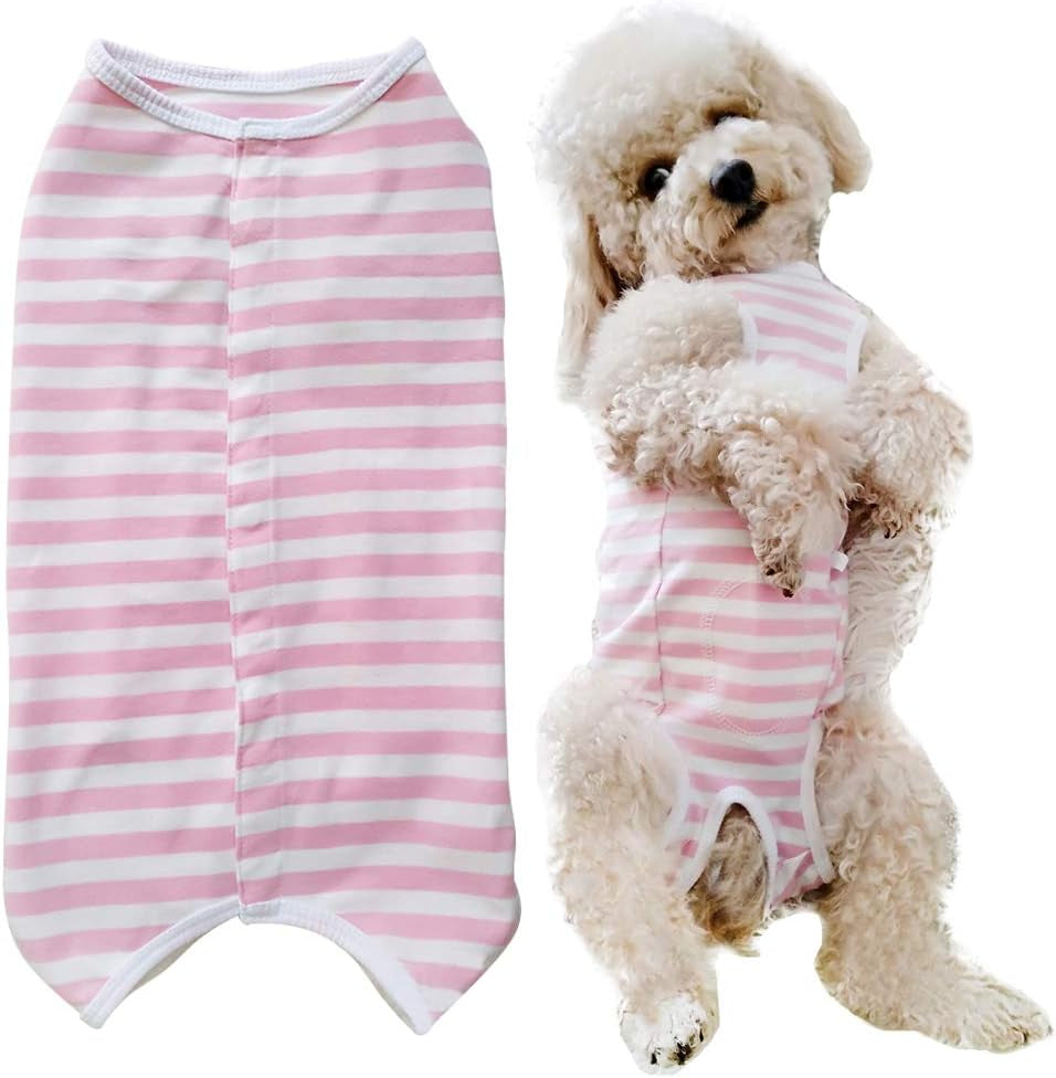 Dog’S Recovery Suit Post Surgery Shirt for Puppy, Wound Protective Clothes for Little Animals Dogs Cats (Pink White Stripe-S)