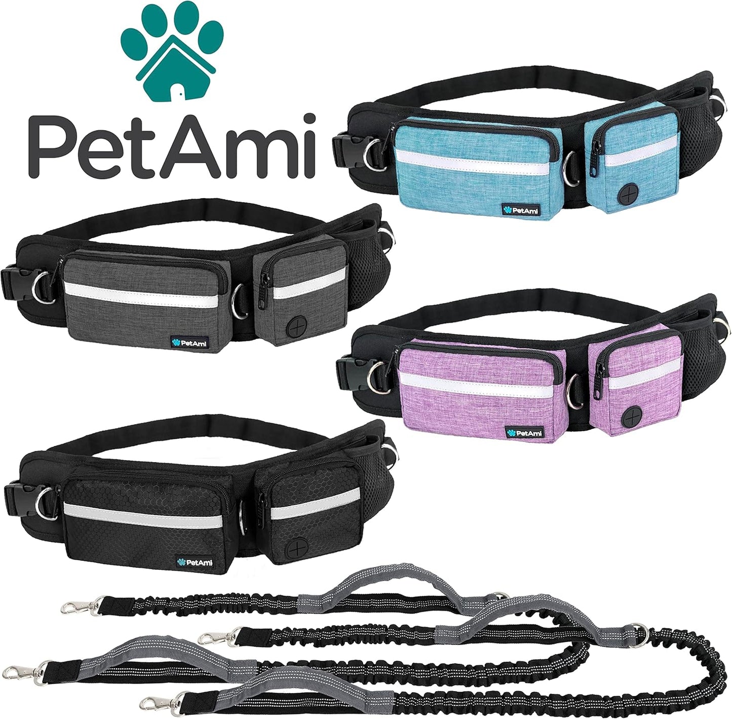 Petami Hands Free Dog Leash, Dog Running Leash Belt Bag for Walking, Jogging, Dog Waist Double Zipper Pouch with Poop Bag Dispenser, Dual Padded Handles Reflective Bungee Leash, Double (Black)