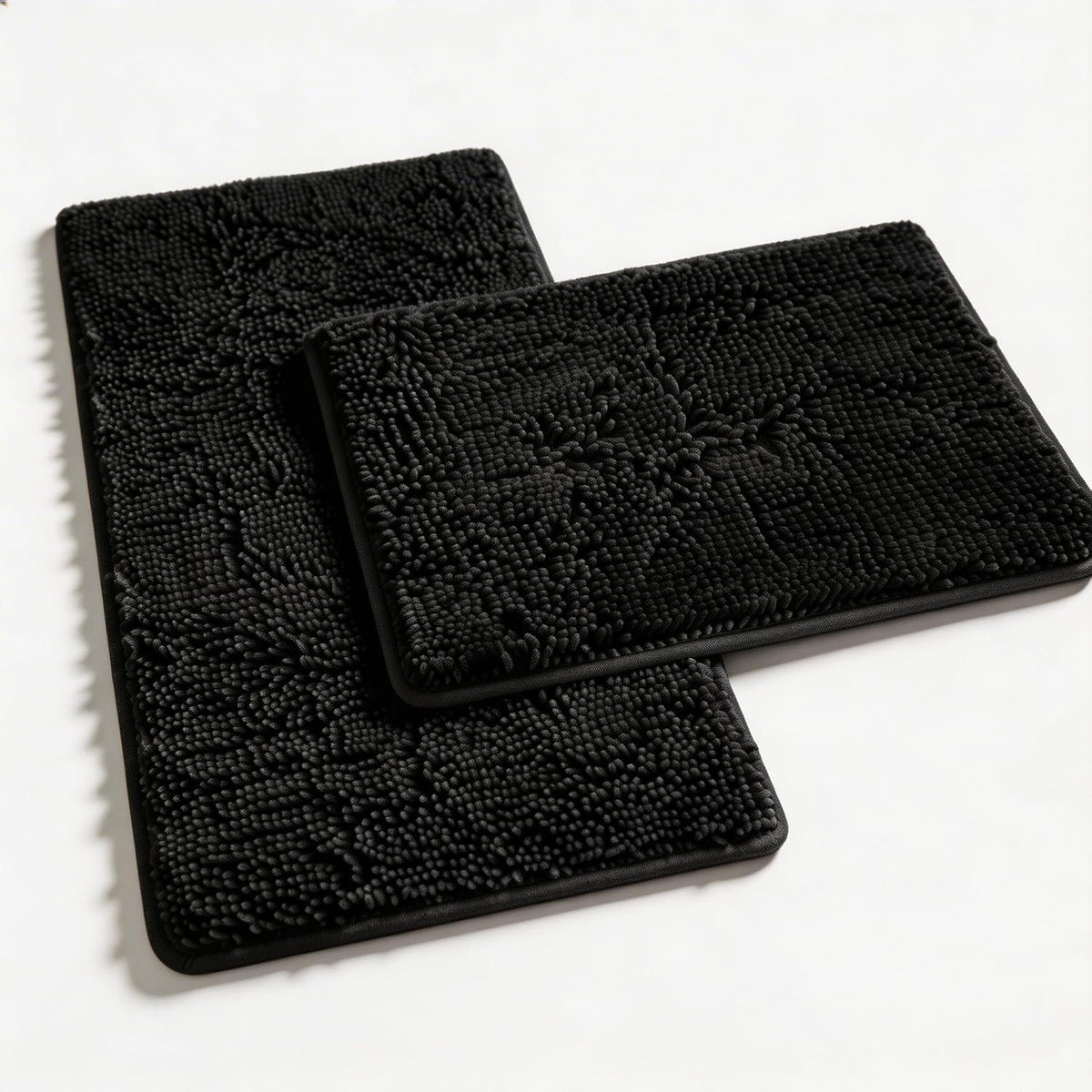 RUN HELIX Bathroom Rugs Set 2 Piece Thick Chenille Bath Mats, Soft Quick Dry Plush Absorbent Bath Rugs with Non-Slip PVC Backing, 32X20+24X16 Inch Black