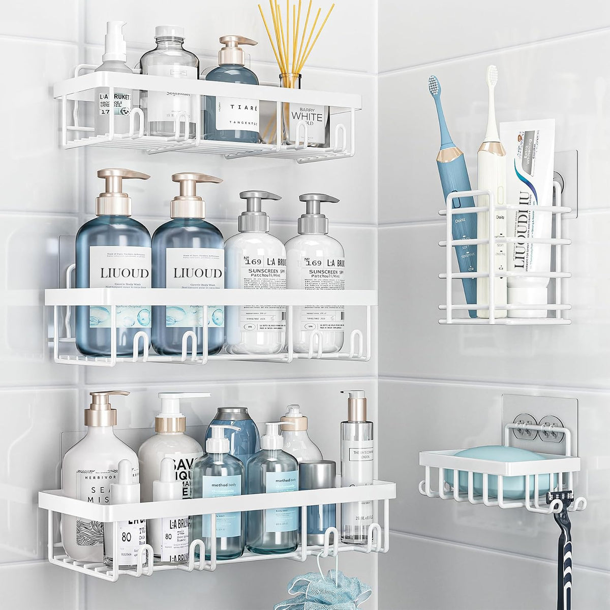 Liuoud 5 Pack Shower Caddy for inside Shower, White Bathroom Storage Decor