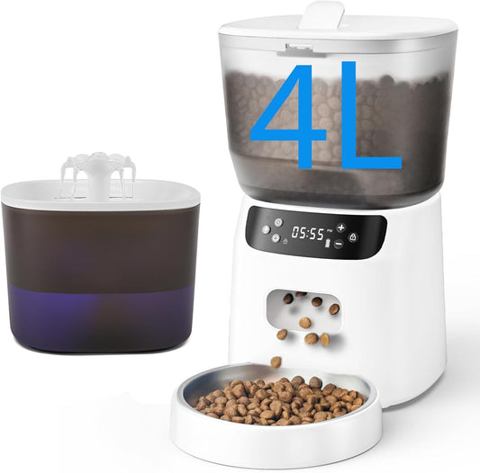 Automatic Cat Feeder and Water Fountain, 4L/16 Cups Timed Cat Dry Food Dispenser, 10S Meal Call, 20 Portions 6 Meals per Day, 2L Cats Fountains for Drinking with Filter, Pet Feeder for Dog White
