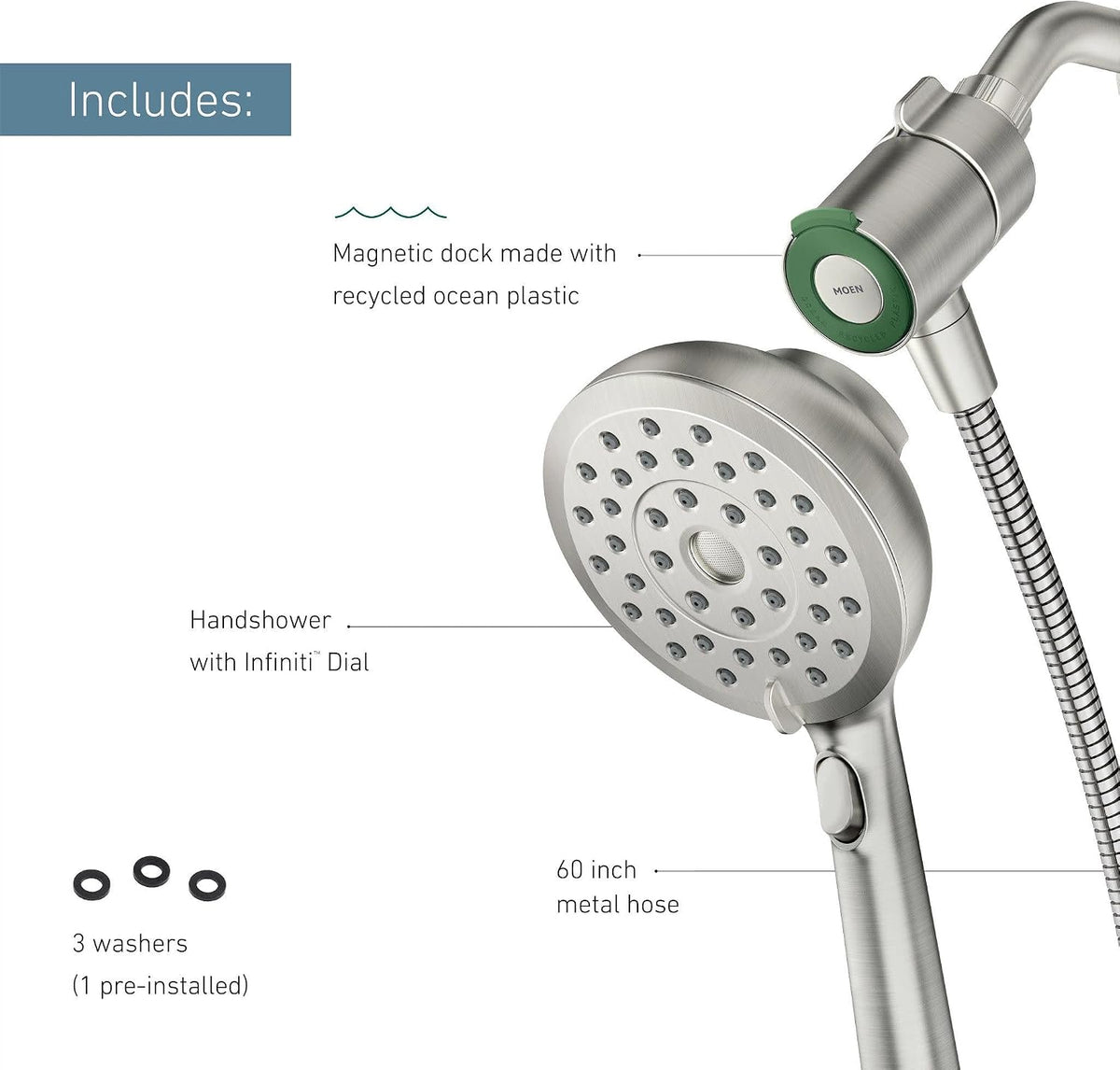 Moen Verso Handshower, Detachable round Shower Head with Magnetix Docking System, 60" Hose, Spot Resist Brushed Nickel, 220H2SRN