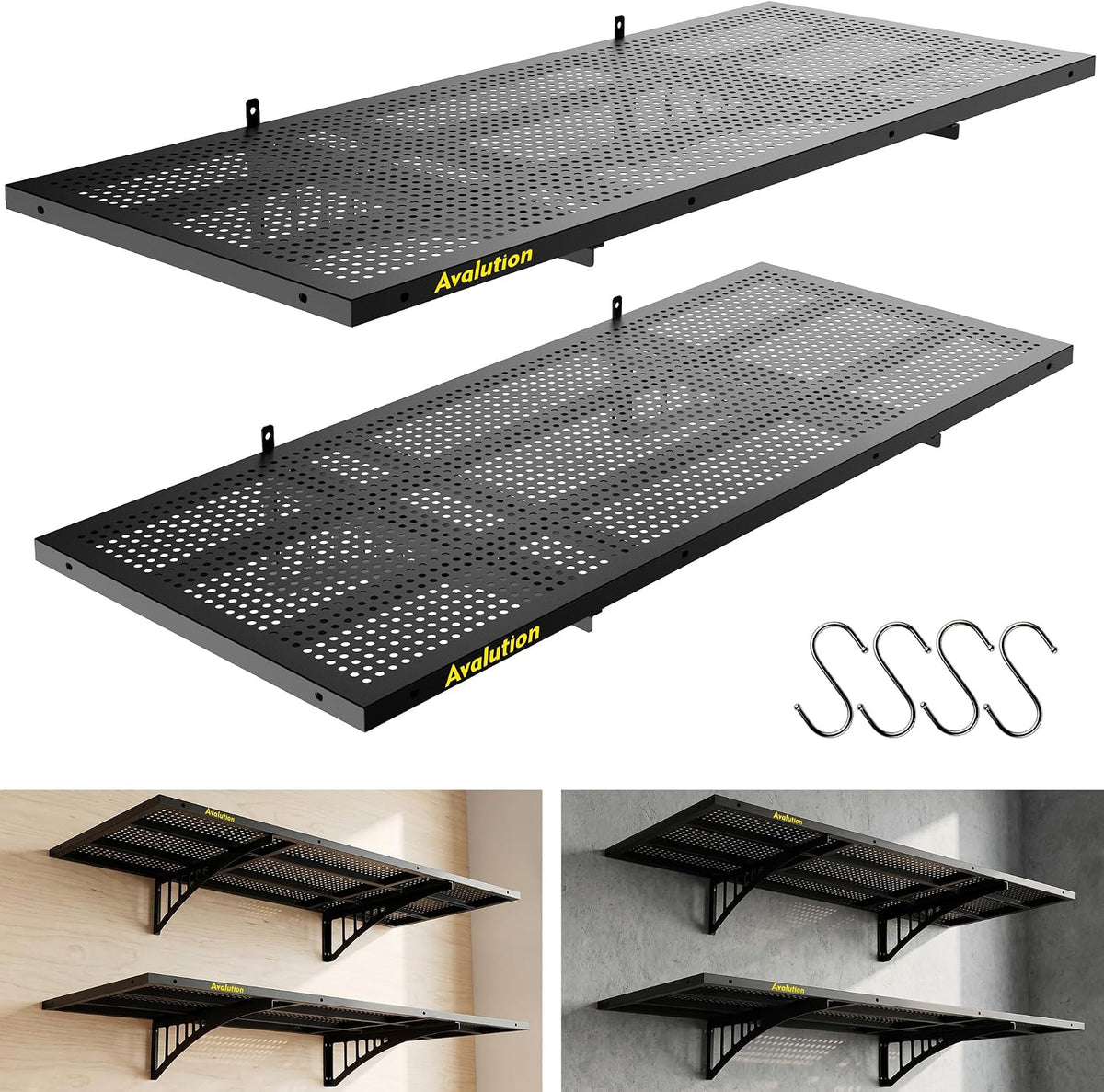 Avalution 2 Pack 1.64X4Ft Garage Shelving Wall Mounted with Hooks,650Lbs
