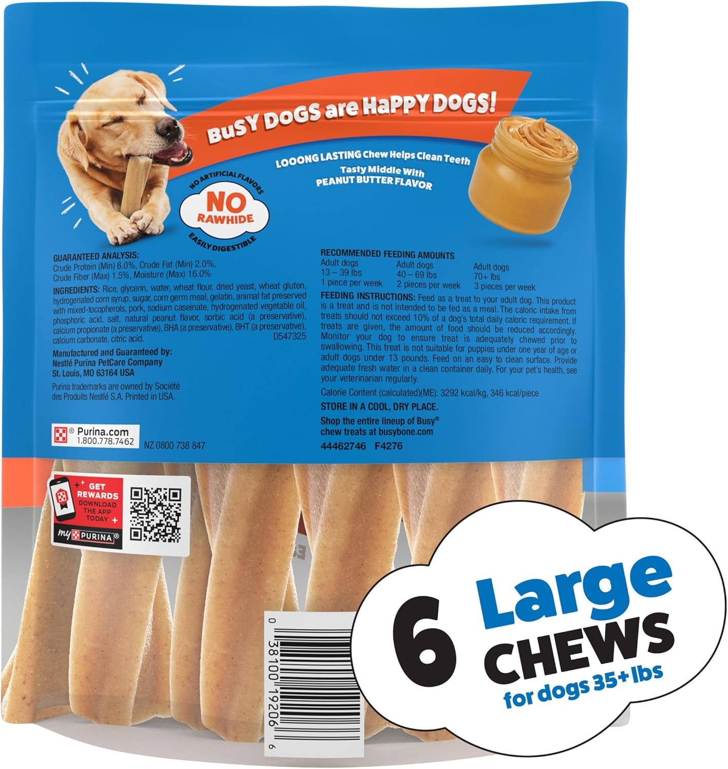 Purina Busy Bone Adult Dog Chew Bone Treats, Peanut Butter - 6 Ct. Pouch