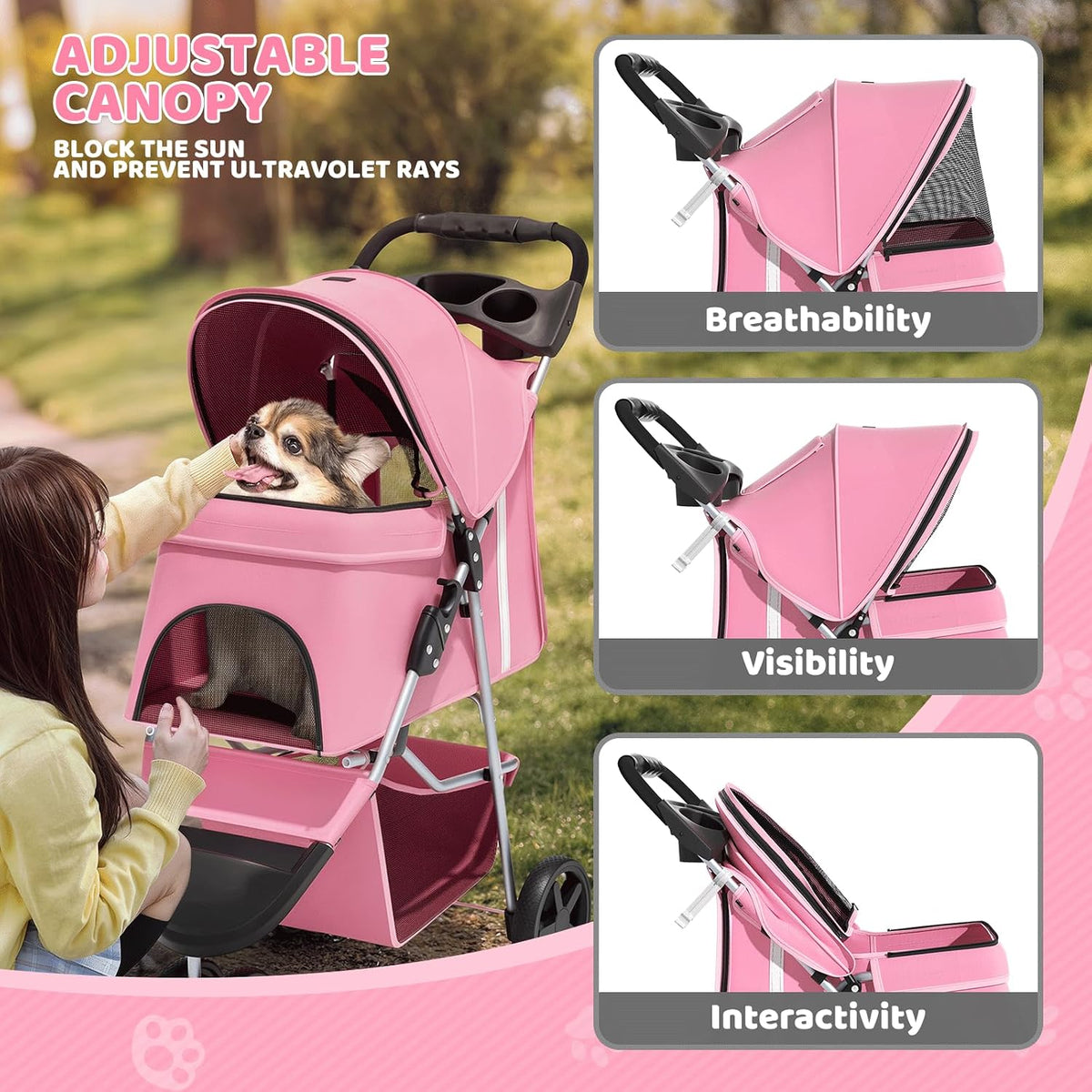 Magshion 3-Wheel Pet Stroller for Small/Medium Dog Cat, up to 33Lbs, Pink