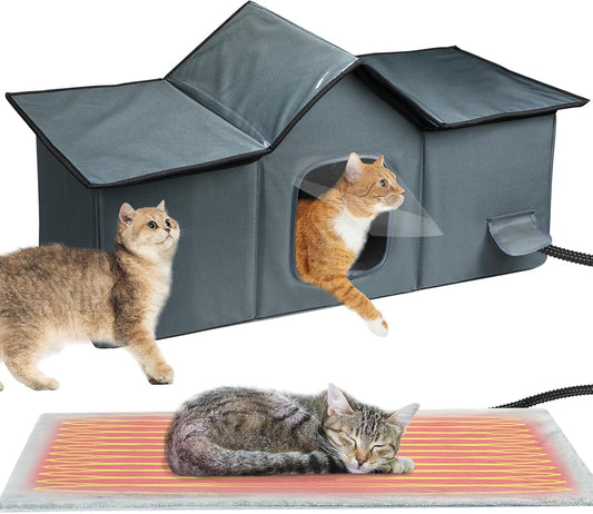 Mewtogo Weatherproof Outdoor Heated Cat House with Thermostatic Heating Pad