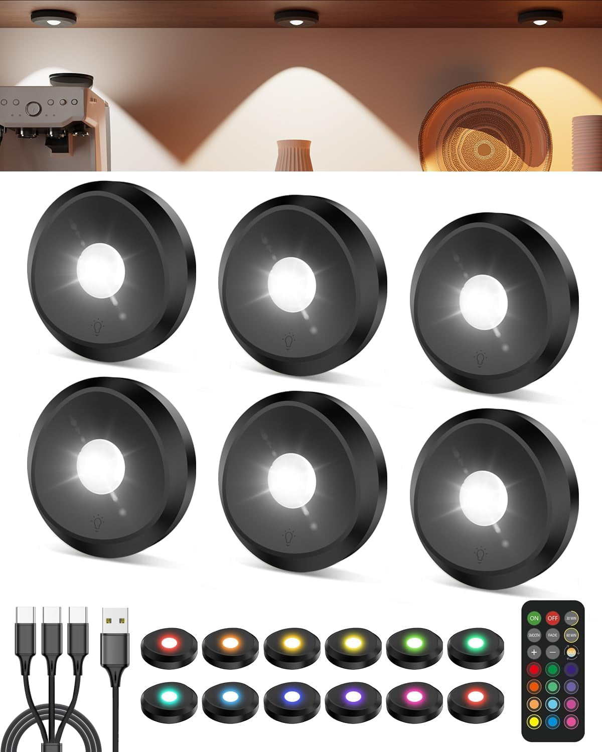 2400Mah Rechargeable Puck Lights with Remote, Magnetic Shelf Light