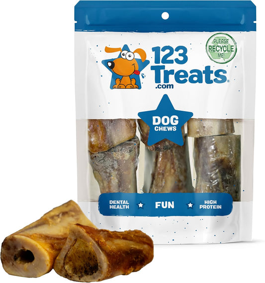 123 Treats Marrow Bones for Dogs - 100% Natural Long Lasting for Aggressive Chewers, Easily Digestible Bone Marrow Dog Treats for Healthy Snacking | (3-4 Inches, 6 Count)